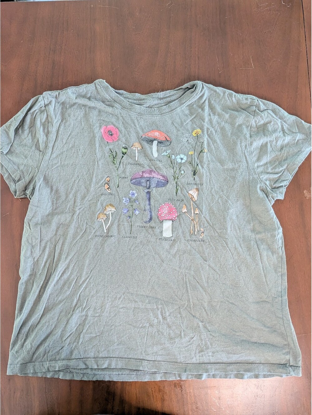 Doe Mushroom & Wildflower Graphic T-Shirt Women XL Cottagecore Forest Nature Tee